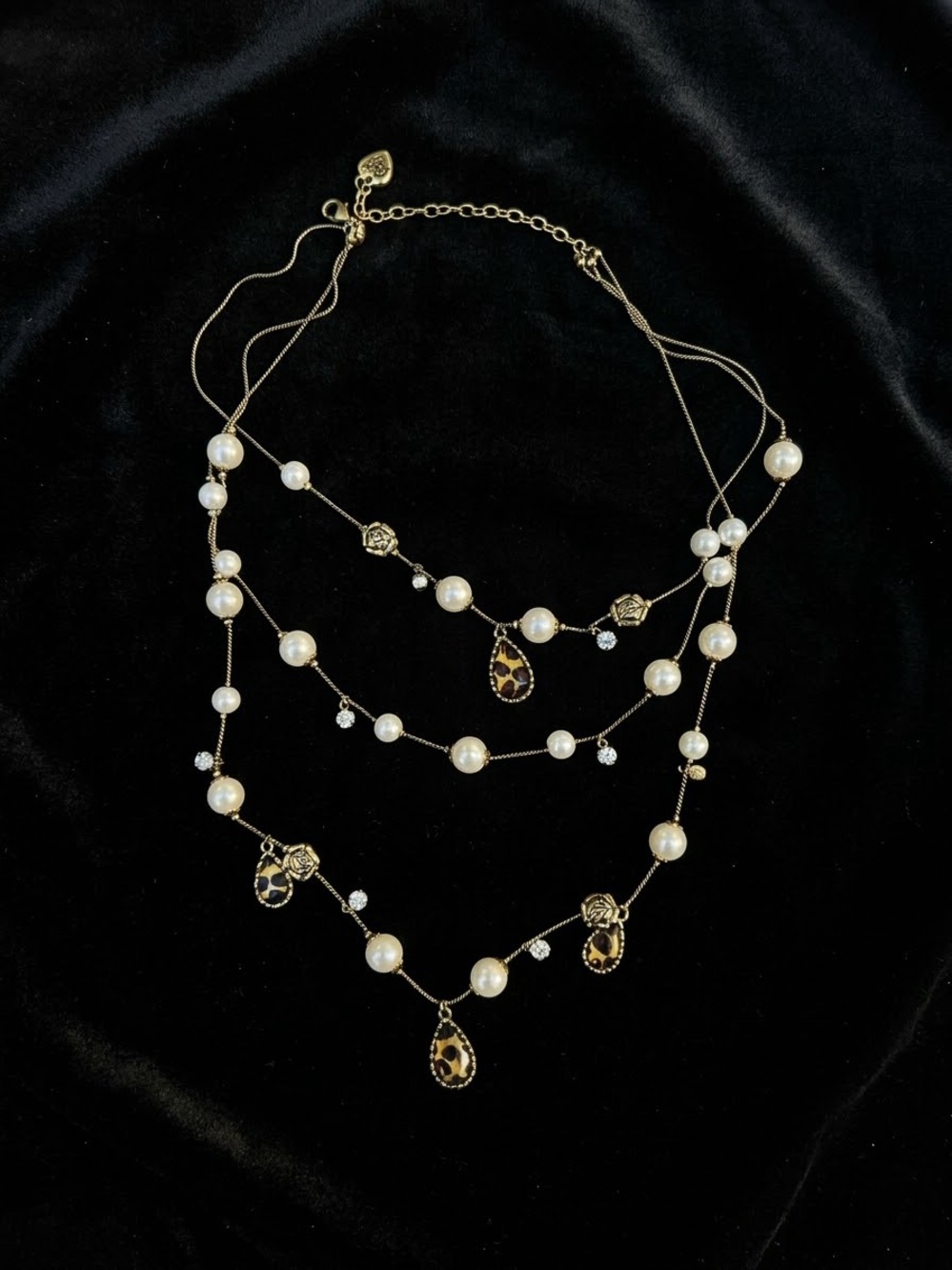 Betsey Johnson 3-Strand Pearl & Leopard Teardrop Necklace